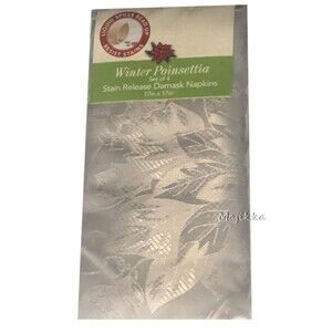 Christmas Poinsettia Napkins Gray Fabric Damask Stain Resistant Winter Set Of 4